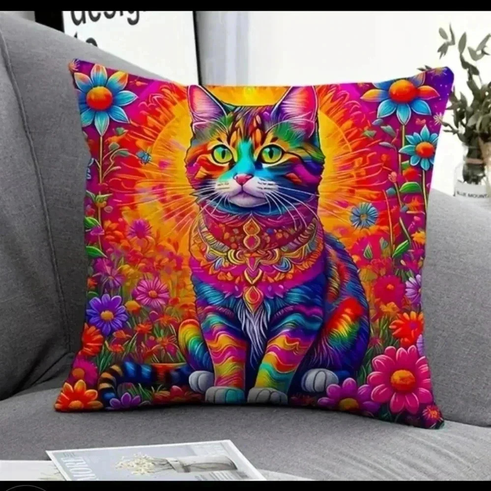 Pillow Cover Cat Psychedelic Kitten Yoga Zen Floral Rainbow Colorful New